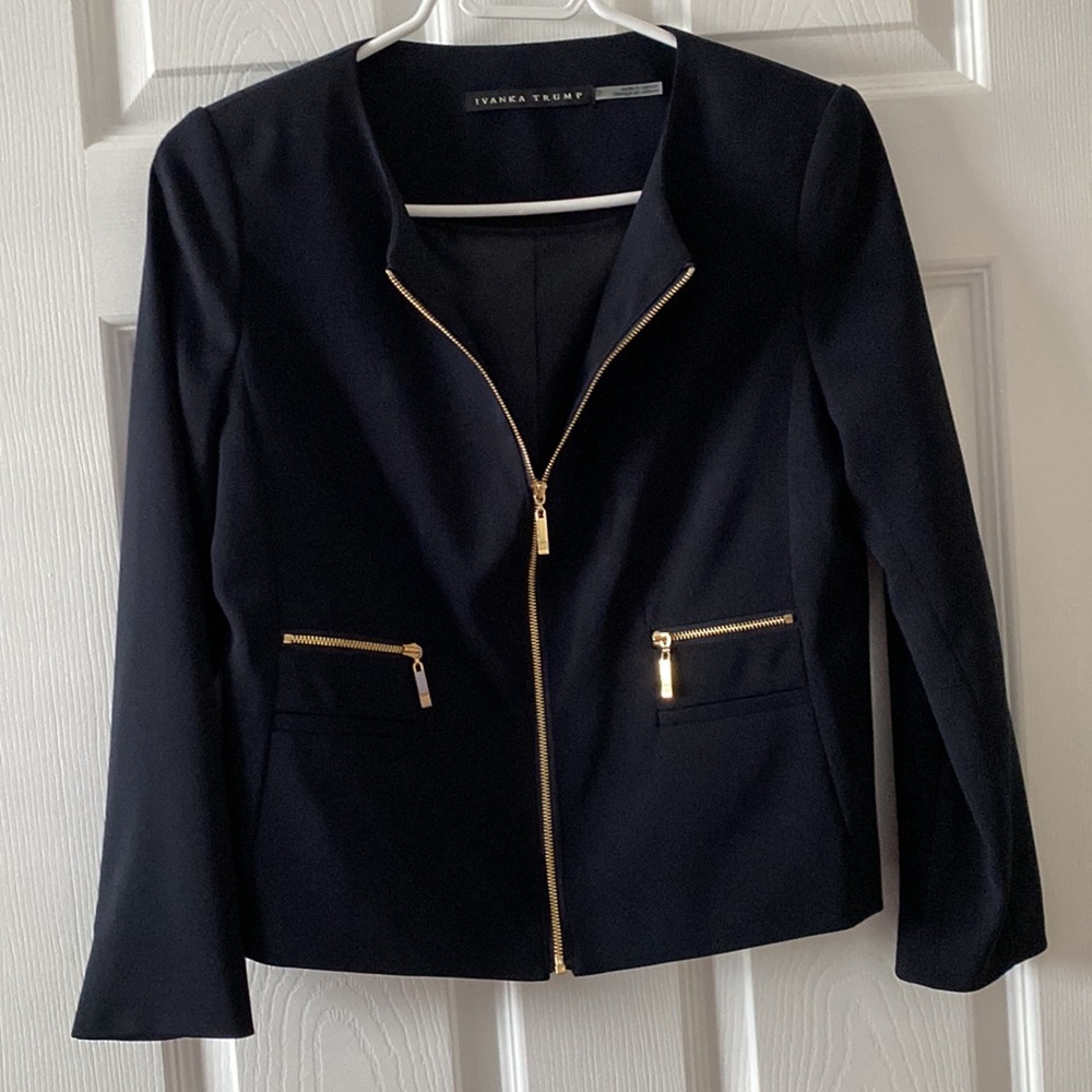 Ivanka Trump dark navy blazer gold zippers with satin lining